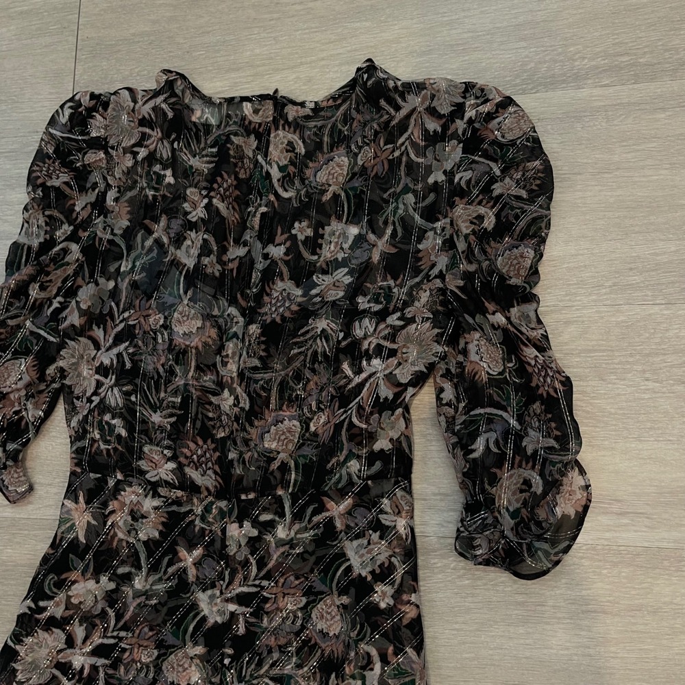 Veronica Beard Mitjana Floral Silk Dress Size 0 Black Ruched Sleeve Midi Chic - Picture 15 of 16